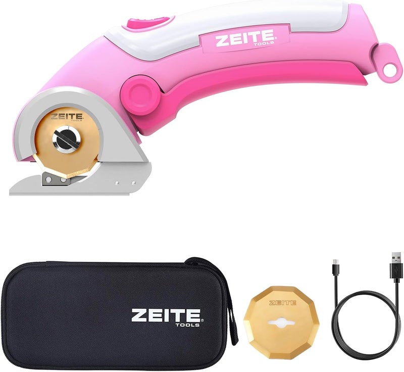 zeite 4V Cordless Scissors,Electric Cardboard Box Cutter with Titanium Coated HSS Blades,Ideal for Cardboard Leather Carpet Fabric Cutting and recycling,Storage Case,Pink - Image 1